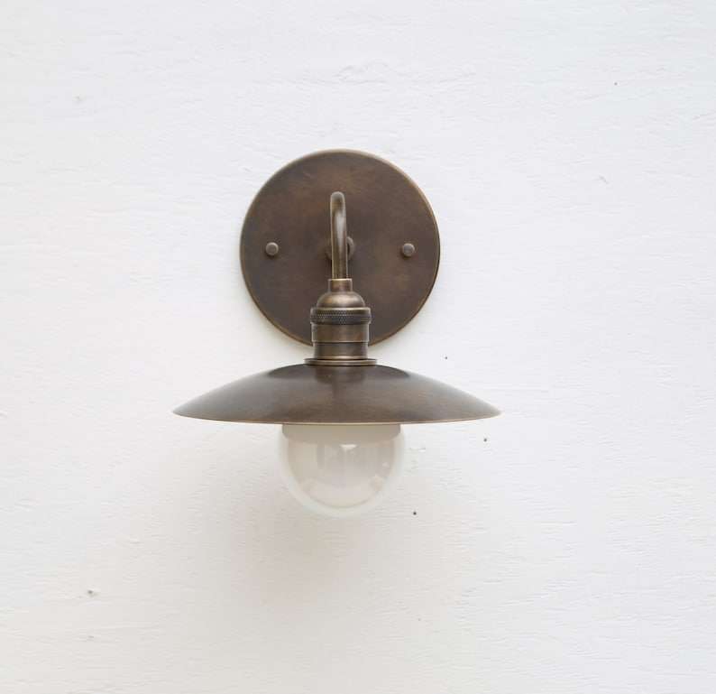 Brass Hat Shade Round Backplane Modern Round Brass Wall Sconce - view 2