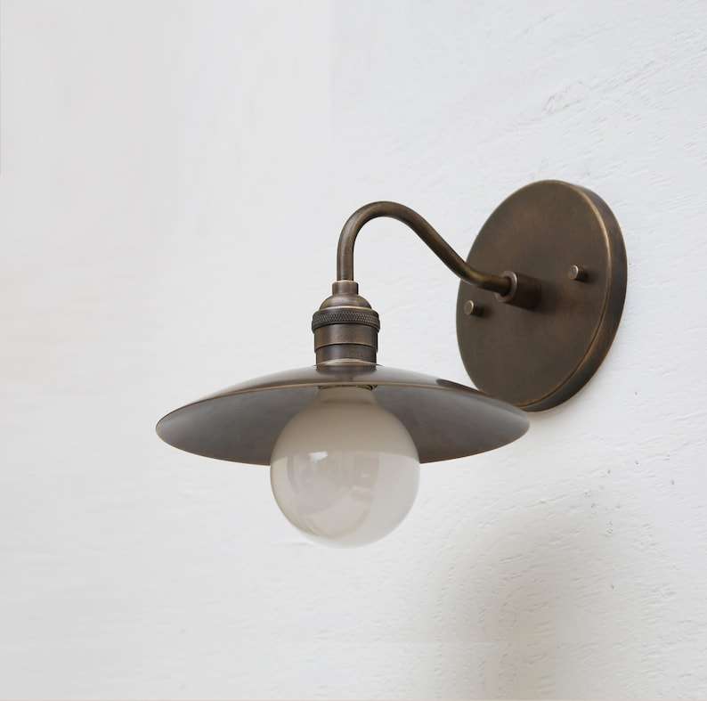 Brass Hat Shade Round Backplane Modern Round Brass Wall Sconce - view 3