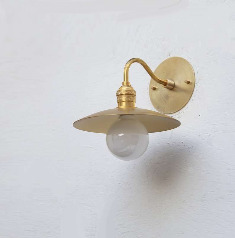 Brass Hat Shade Round Backplane Modern Round Brass Wall Sconce - view 5