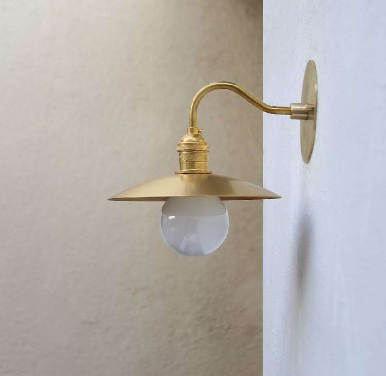 Brass Hat Shade Round Backplane Modern Round Brass Wall Sconce - view 6