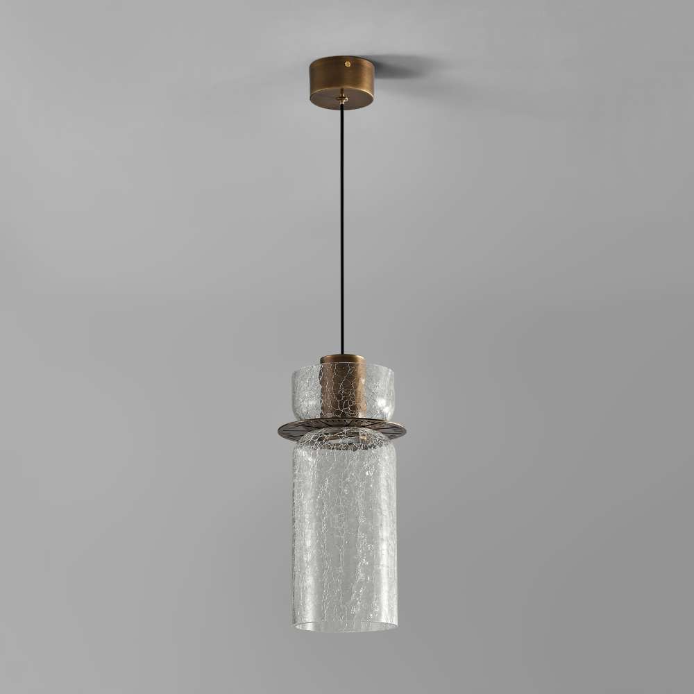 Cracked Glass Cylindrical Shade Brass Pendant Light - view 2