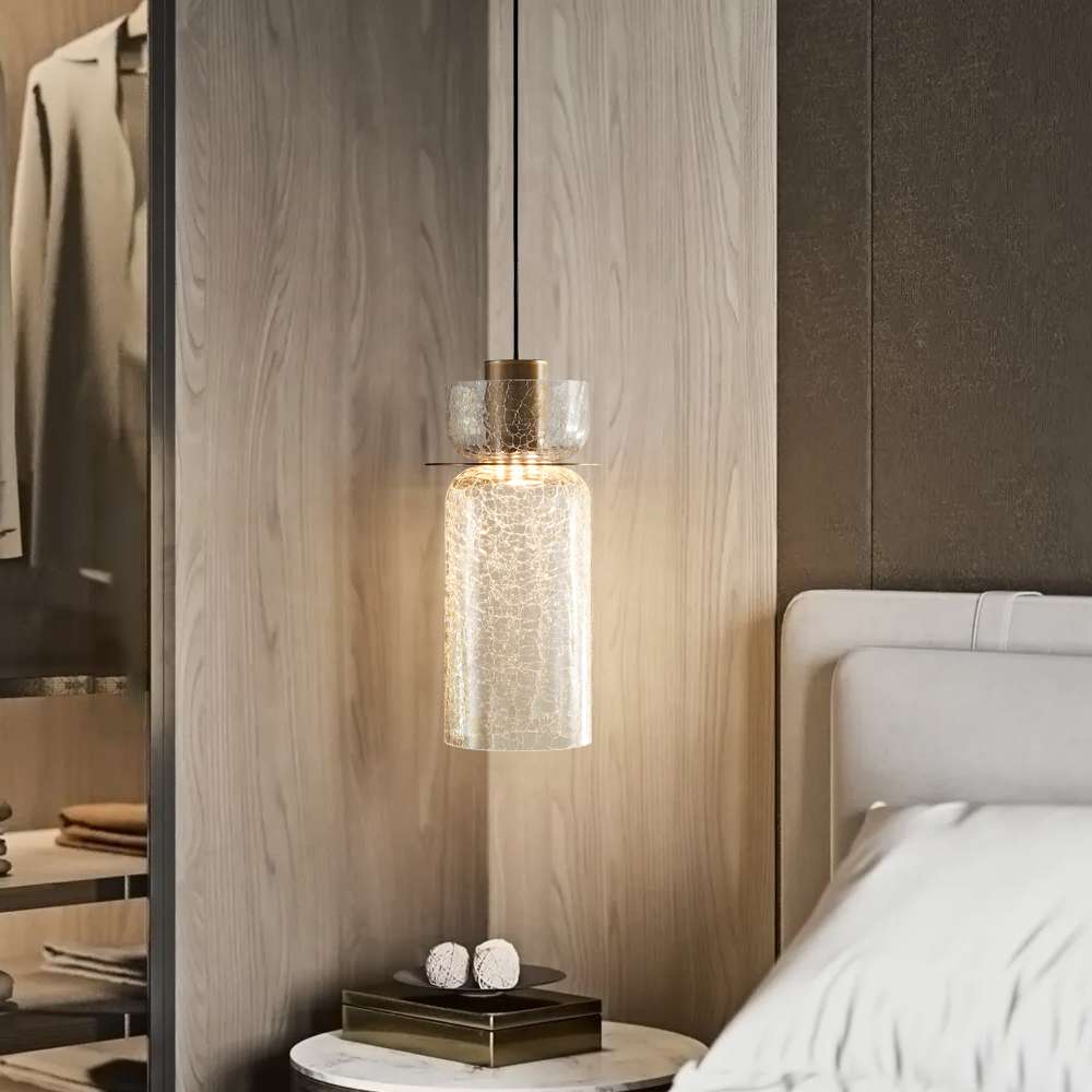 Cracked Glass Cylindrical Shade Brass Pendant Light - view 3
