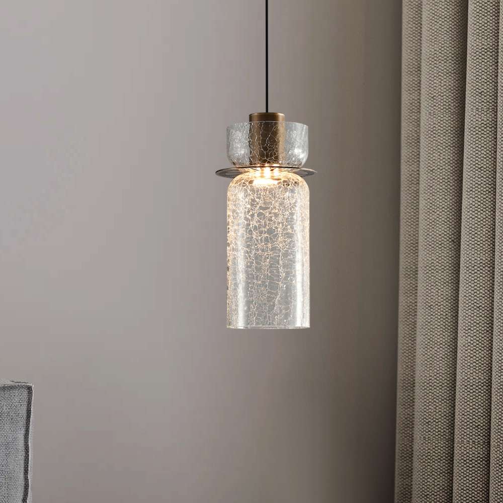 Cracked Glass Cylindrical Shade Brass Pendant Light - view 4