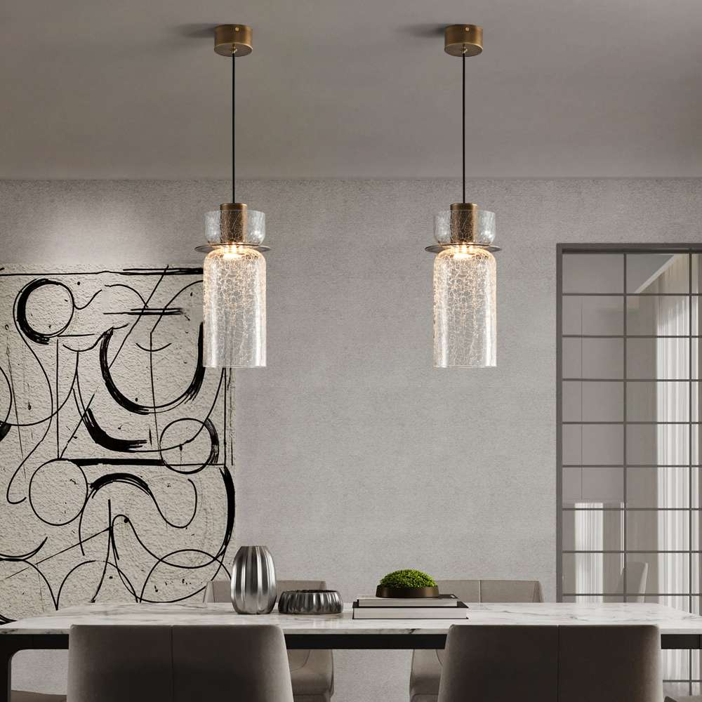 Cracked Glass Cylindrical Shade Brass Pendant Light - view 5