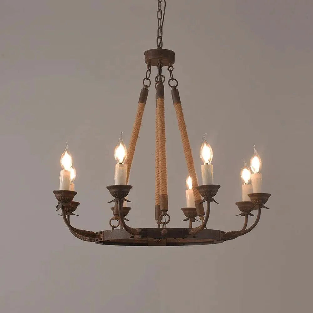 Hemp Rope And Rust Metal 8-Light Round Candle Chandelier - view 1