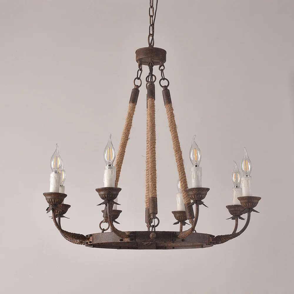 Hemp Rope And Rust Metal 8-Light Round Candle Chandelier - view 2