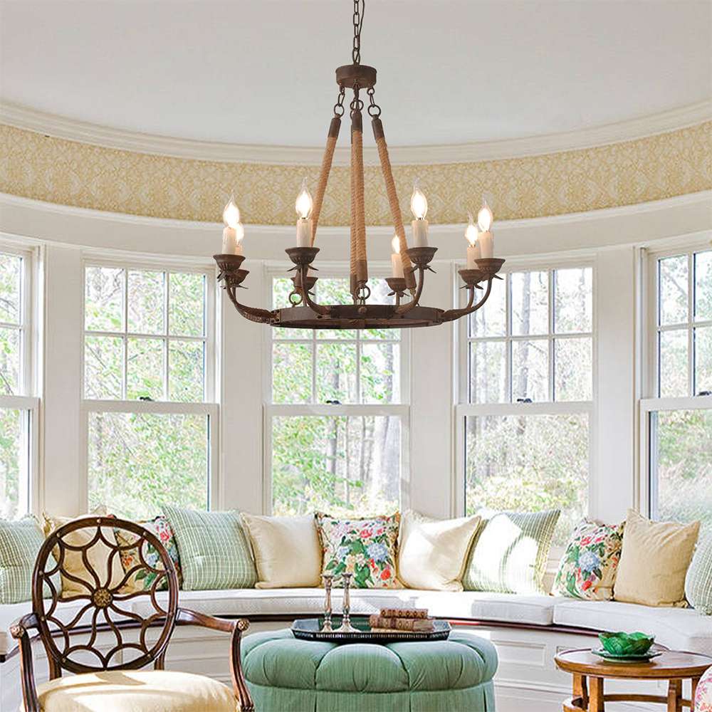 Hemp Rope And Rust Metal 8-Light Round Candle Chandelier - view 3
