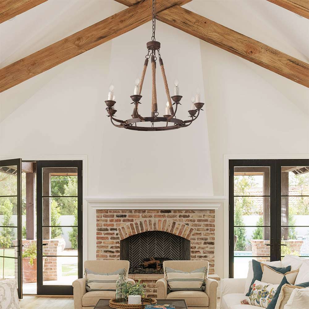 Hemp Rope And Rust Metal 8-Light Round Candle Chandelier - view 5