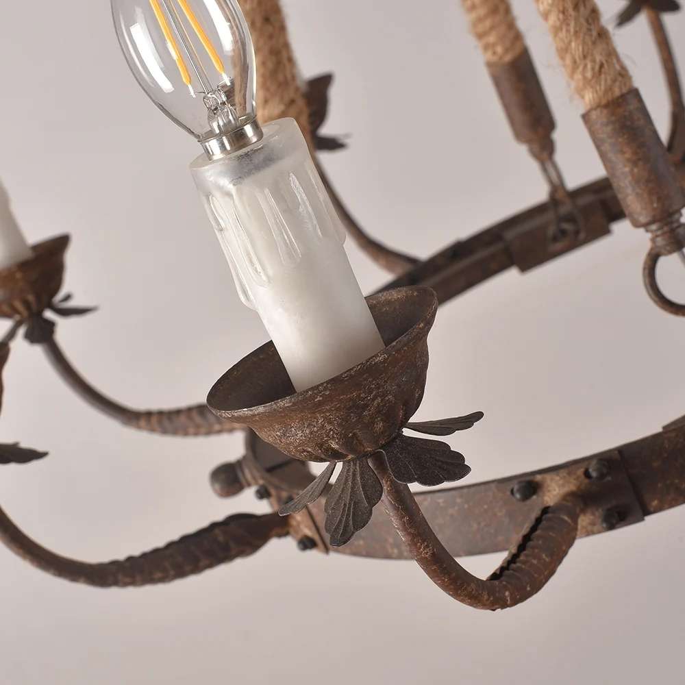 Hemp Rope And Rust Metal 8-Light Round Candle Chandelier - view 6