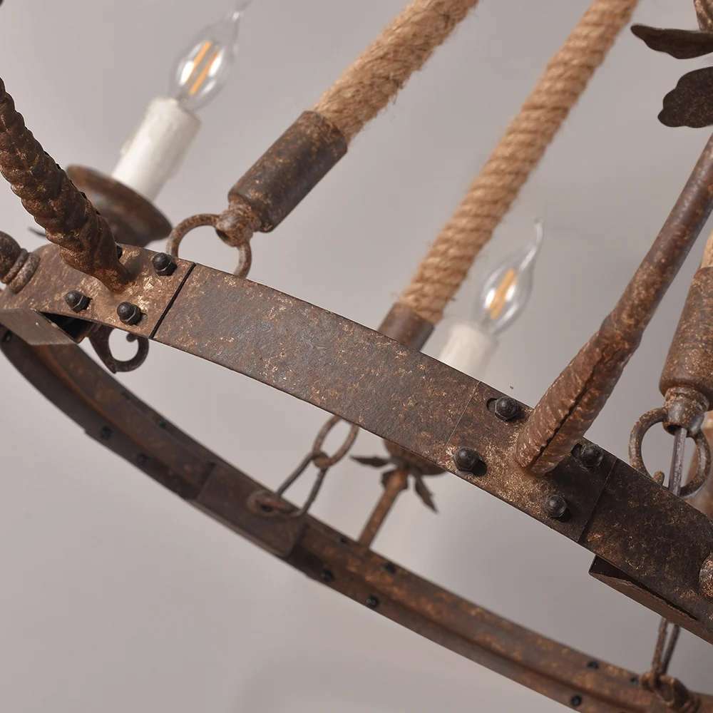 Hemp Rope And Rust Metal 8-Light Round Candle Chandelier - view 7