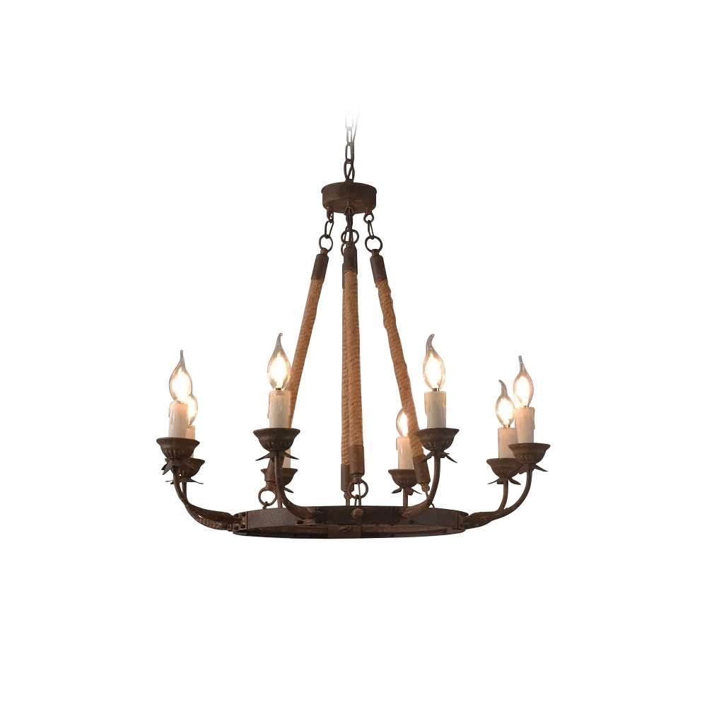 Hemp Rope And Rust Metal 8-Light Round Candle Chandelier - view 8