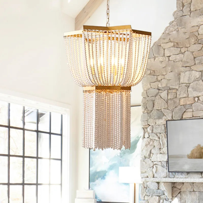 Vintage Beaded 6-Light Tassel Boho Wood Chandelier - view 1
