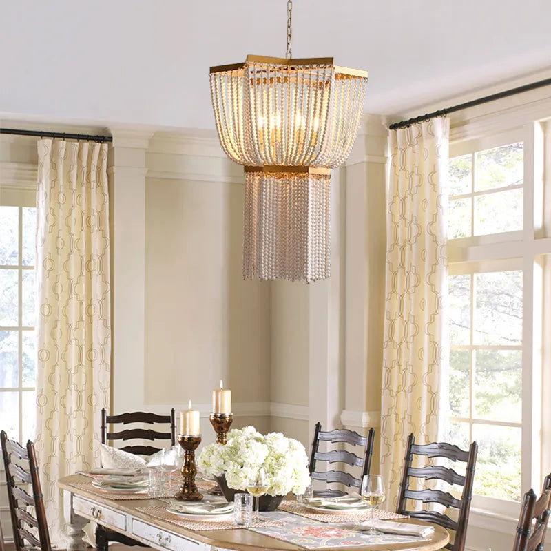 Vintage Beaded 6-Light Tassel Boho Wood Chandelier - view 4