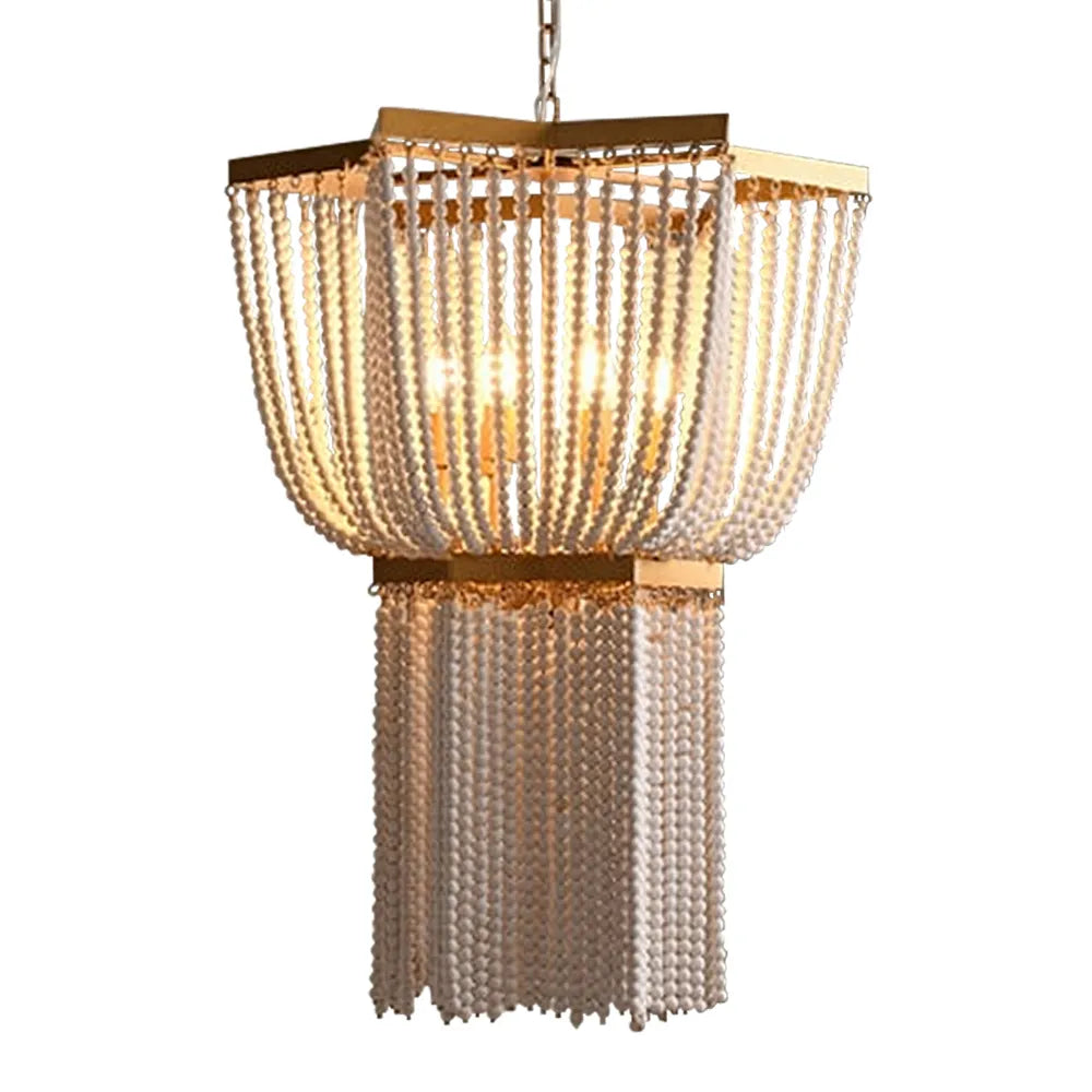 Vintage Beaded 6-Light Tassel Boho Wood Chandelier - view 7
