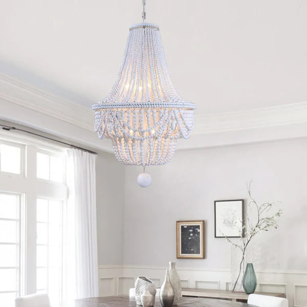 Kesarre Round Classic Wood Beaded White Boho Chandelier - view 3