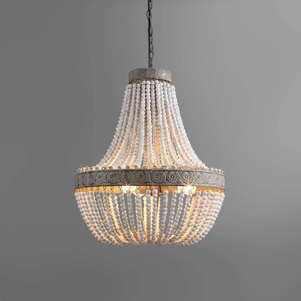 Boho White Beads 21 7/10" Dia Round Wood Chandelier - view 1