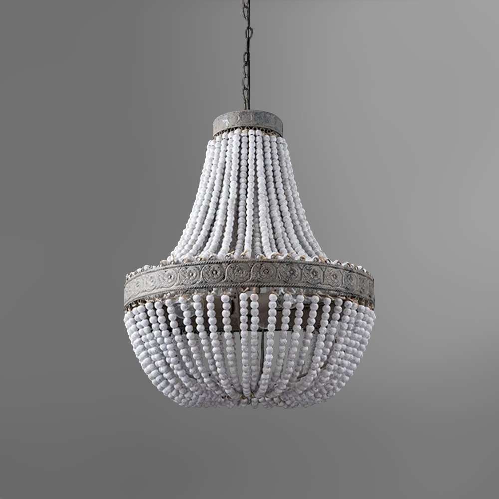 Boho White Beads 21 7/10" Dia Round Wood Chandelier - view 2