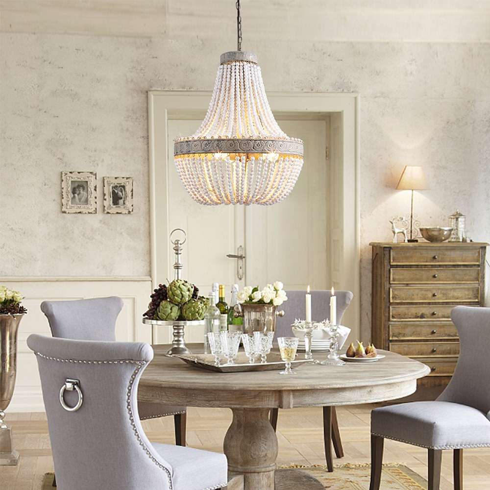 Boho White Beads 21 7/10" Dia Round Wood Chandelier - view 4