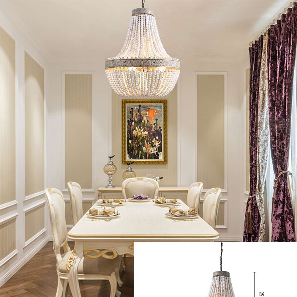 Boho White Beads 21 7/10" Dia Round Wood Chandelier - view 5