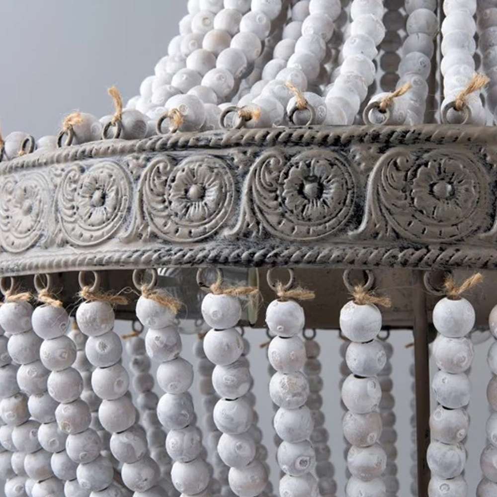 Boho White Beads 21 7/10" Dia Round Wood Chandelier - view 6