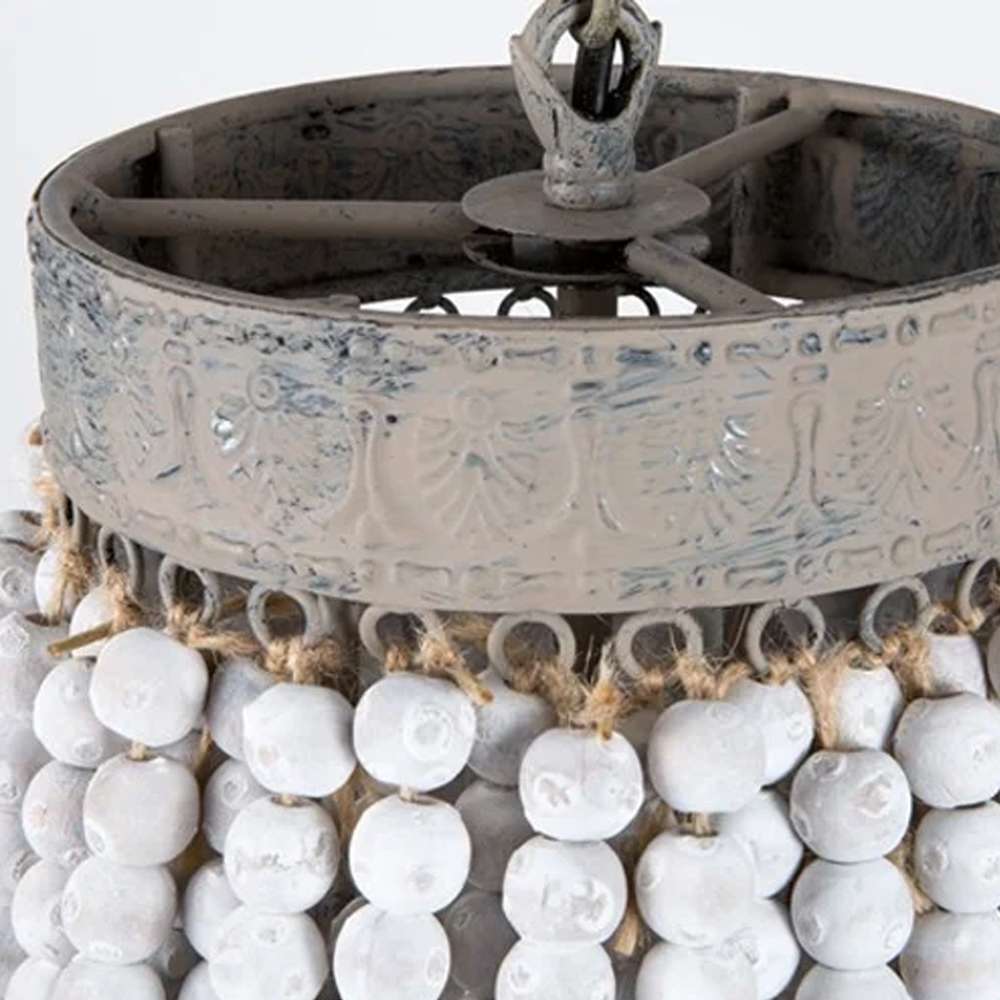 Boho White Beads 21 7/10" Dia Round Wood Chandelier - view 7