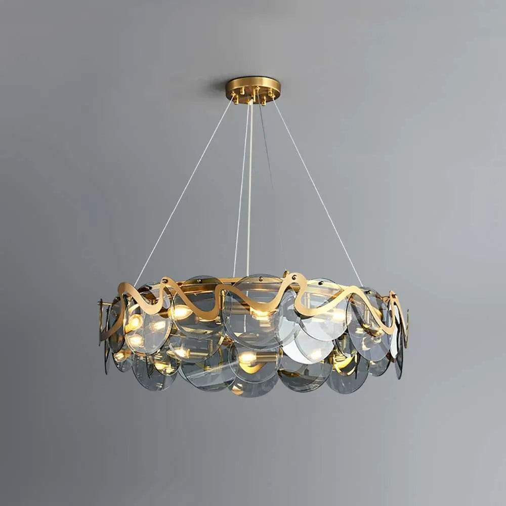Modern Round Lampbody Gold And Smoky Gray Glass Chandelier - view 1