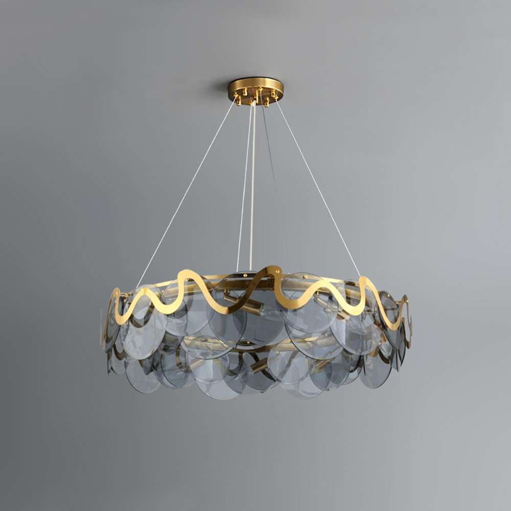 Modern Round Lampbody Gold And Smoky Gray Glass Chandelier - view 2