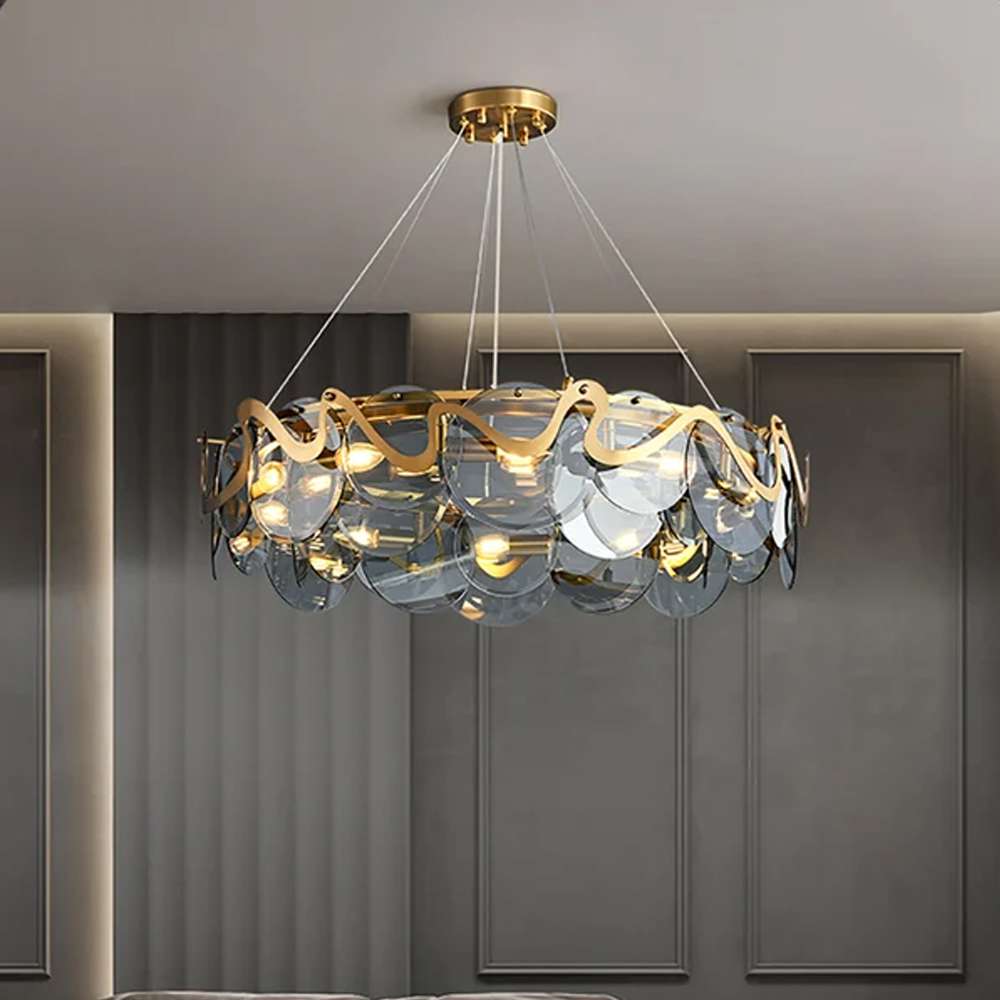 Modern Round Lampbody Gold And Smoky Gray Glass Chandelier - view 3