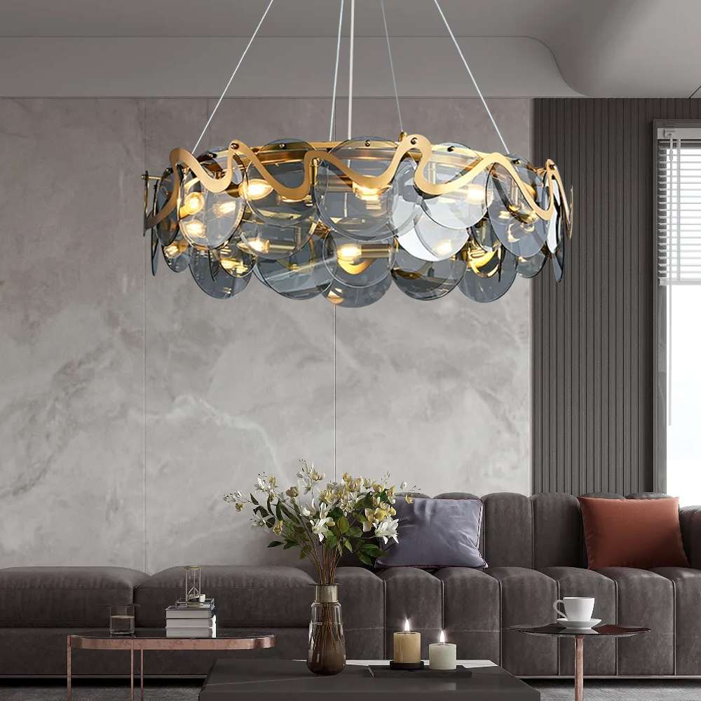 Modern Round Lampbody Gold And Smoky Gray Glass Chandelier - view 4