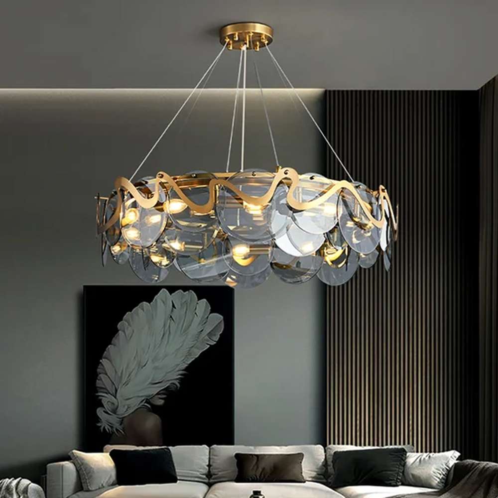 Modern Round Lampbody Gold And Smoky Gray Glass Chandelier - view 5