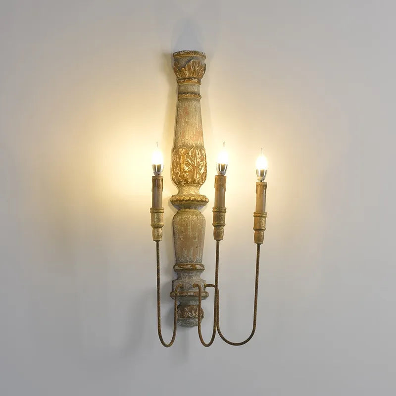 French Vintage Warm White 3-Light Wood Candle Wall Sconces - view 1