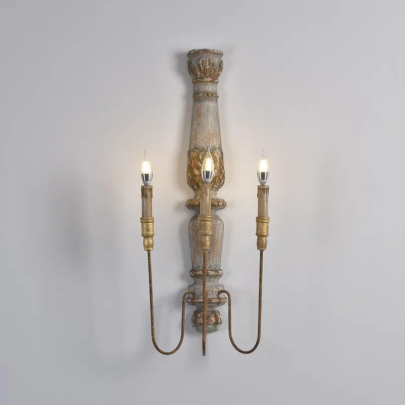 French Vintage Warm White 3-Light Wood Candle Wall Sconces - view 2