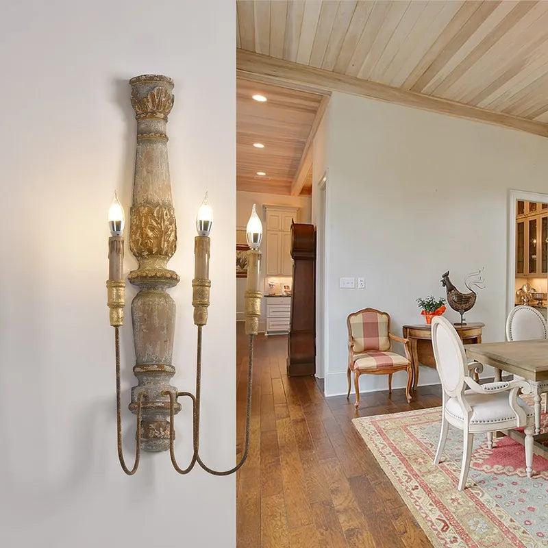 French Vintage Warm White 3-Light Wood Candle Wall Sconces - view 3