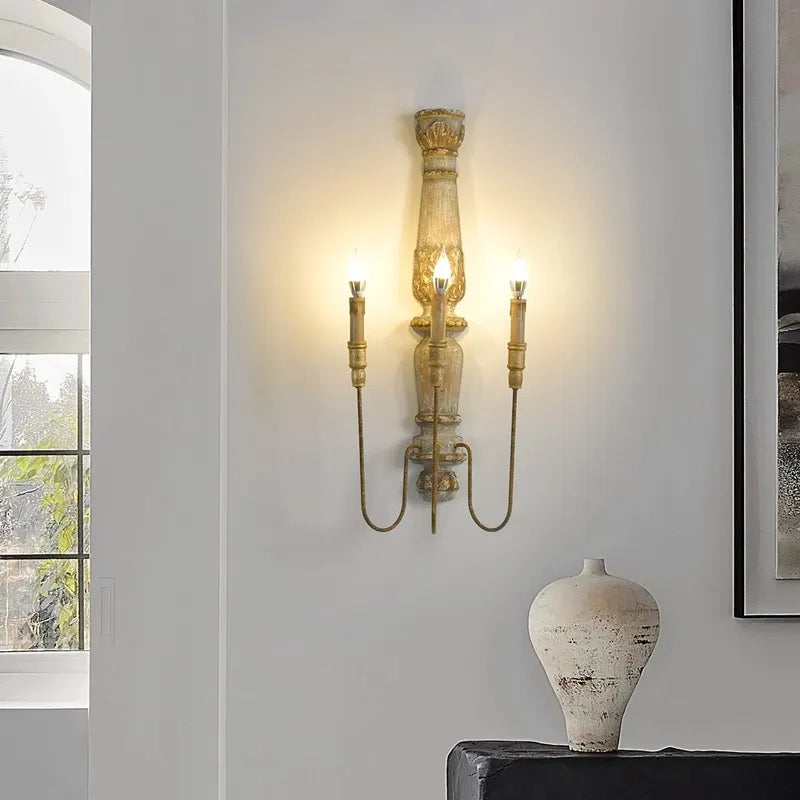 French Vintage Warm White 3-Light Wood Candle Wall Sconces - view 4