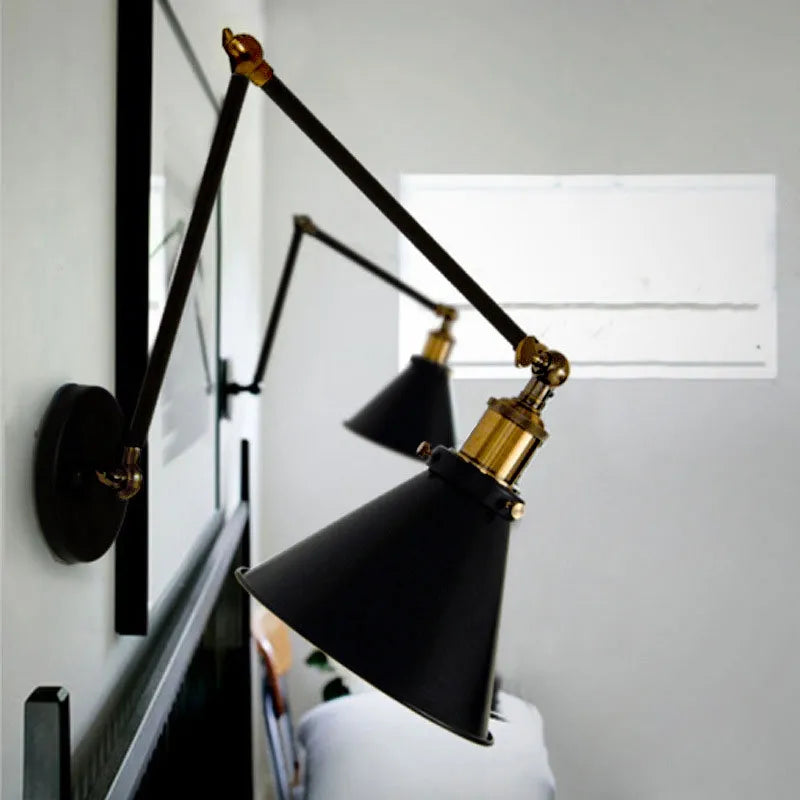 Retro Black Double Swing Arm Metal Bell Wall Lighting - view 5