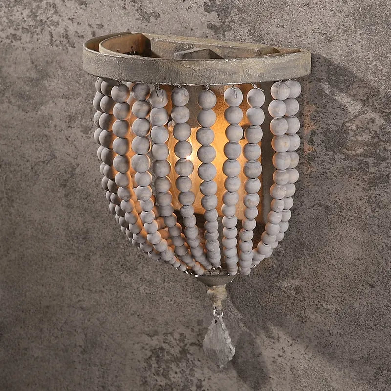 Wood Boho Beaded Distressed Gray Rustic Wall Sconce Lighting - view 1