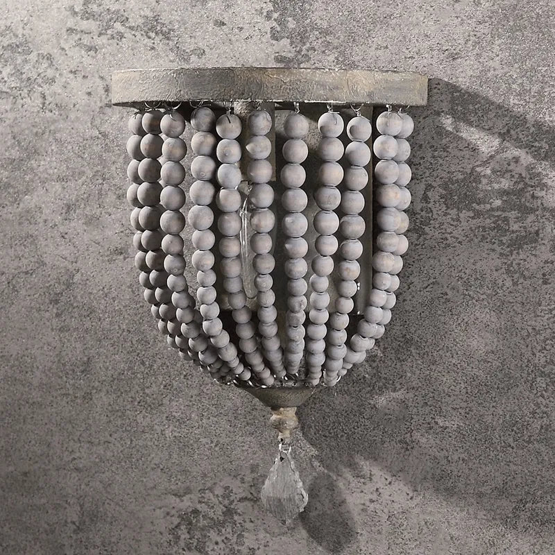 Wood Boho Beaded Distressed Gray Rustic Wall Sconce Lighting - view 10