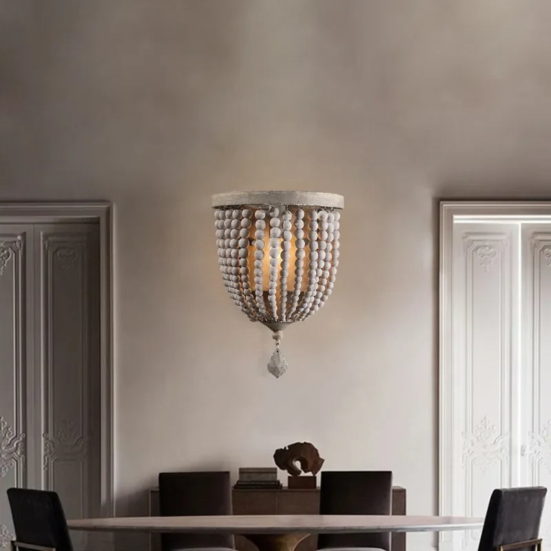Wood Boho Beaded Distressed Gray Rustic Wall Sconce Lighting - view 2