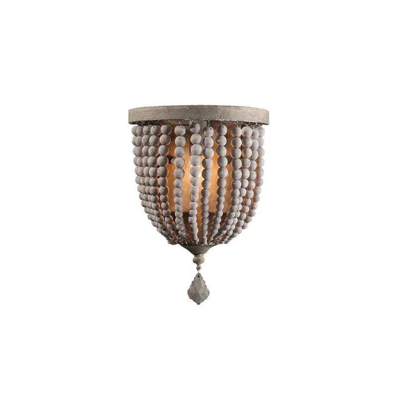 Wood Boho Beaded Distressed Gray Rustic Wall Sconce Lighting - view 8