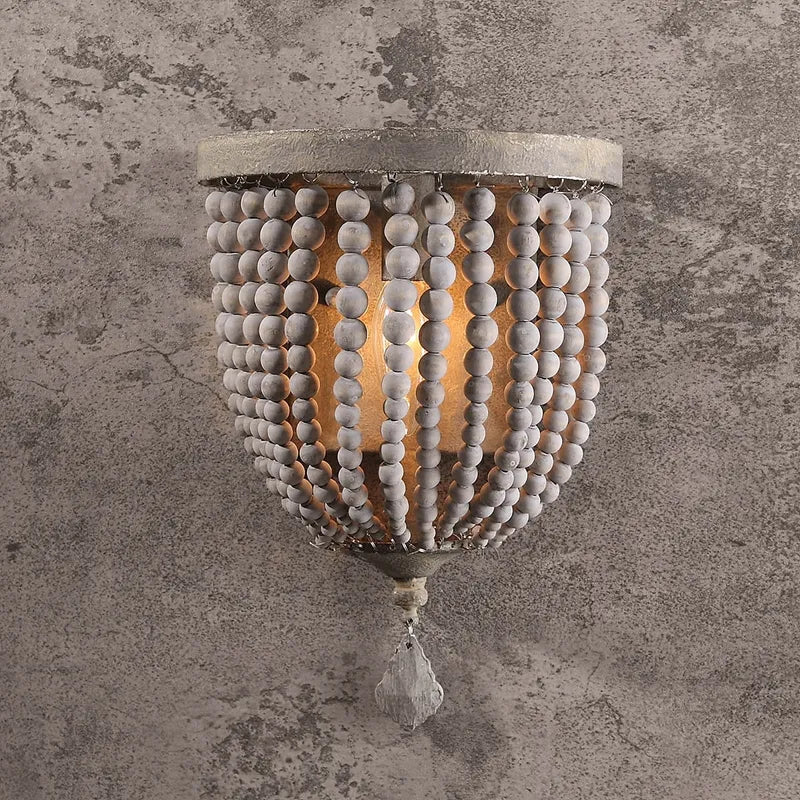 Wood Boho Beaded Distressed Gray Rustic Wall Sconce Lighting - view 9