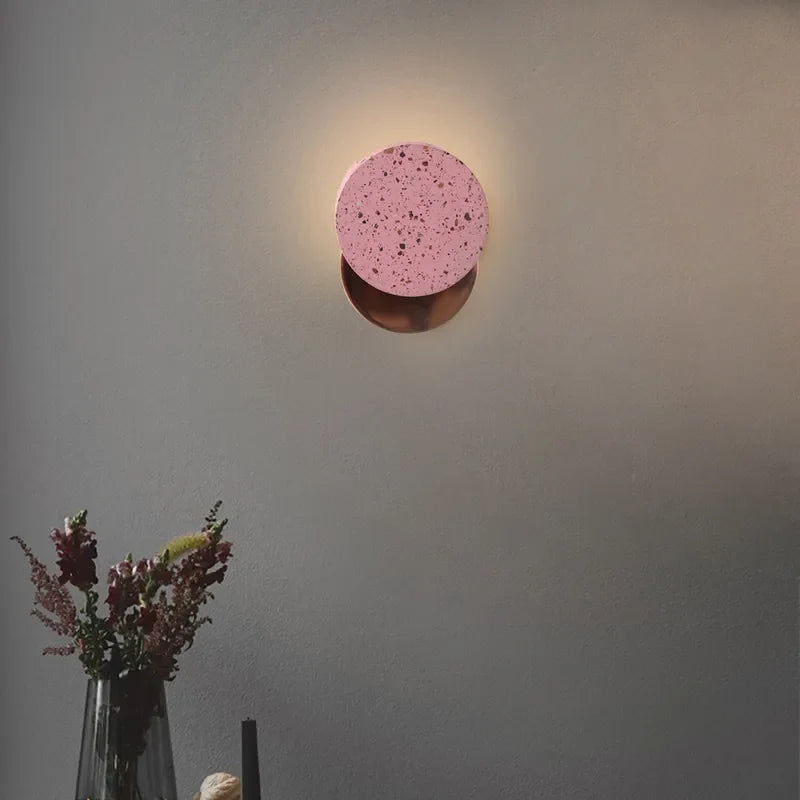 Pink Modern Metal Back Plate Terrazzo Round Wall Sconces - view 1