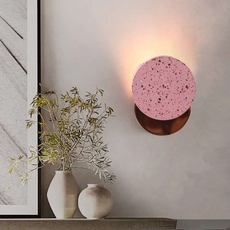 Pink Modern Metal Back Plate Terrazzo Round Wall Sconces - view 3