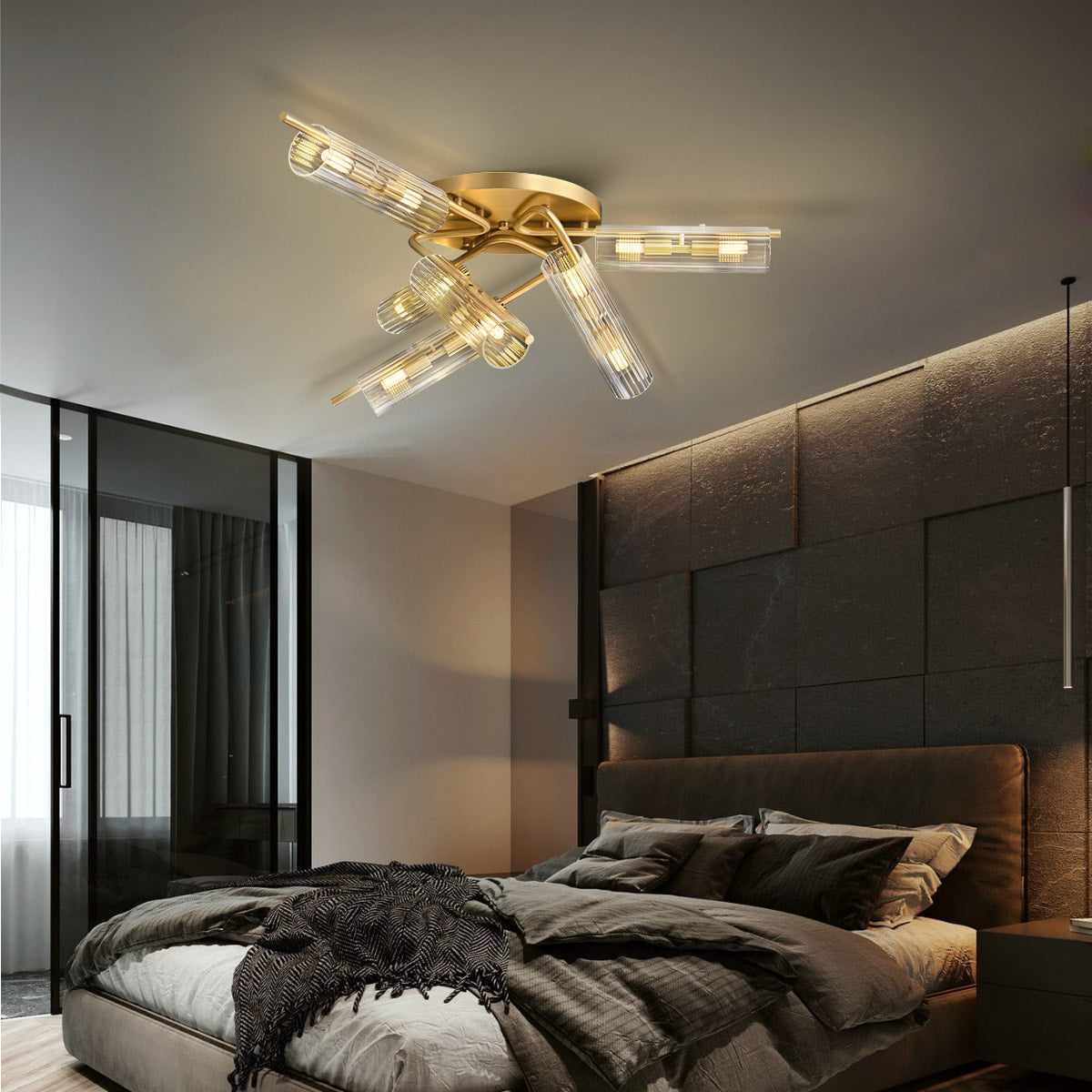 Casoria XL Luxury Brass Clear Glass Radial Living Room Ceiling Light - view 3