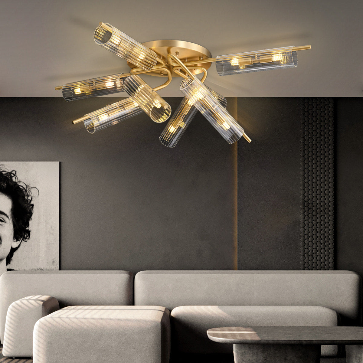 Casoria XL Luxury Brass Clear Glass Radial Living Room Ceiling Light - view 5