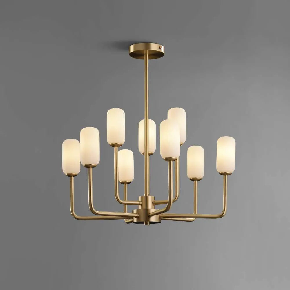 Mid-Century 18 9/10" Dia Brass And Opaline Glass 9-Light Chandelier - view 1