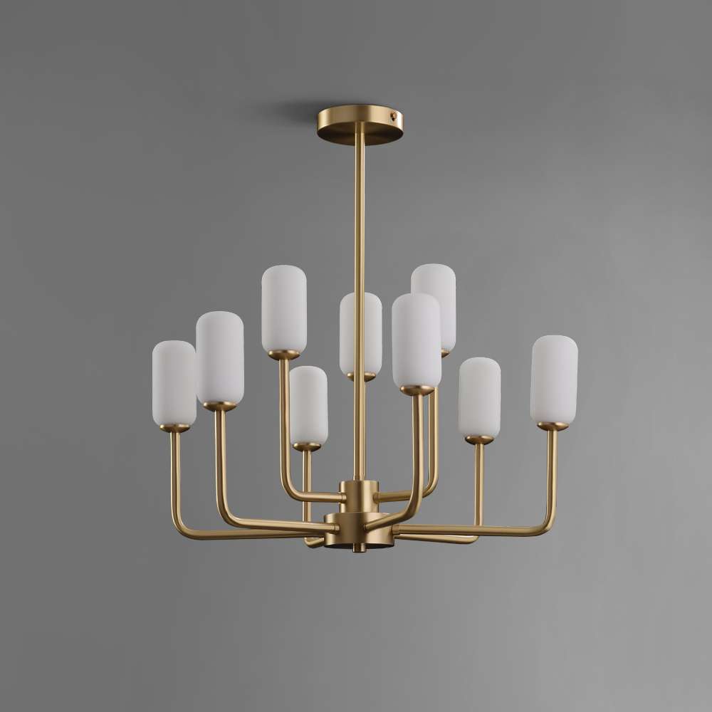 Mid-Century 18 9/10" Dia Brass And Opaline Glass 9-Light Chandelier - view 2