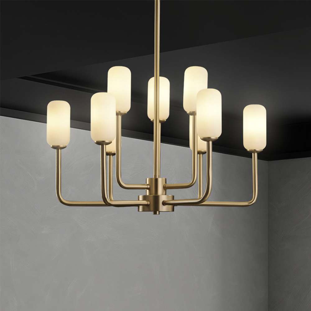 Mid-Century 18 9/10" Dia Brass And Opaline Glass 9-Light Chandelier - view 3