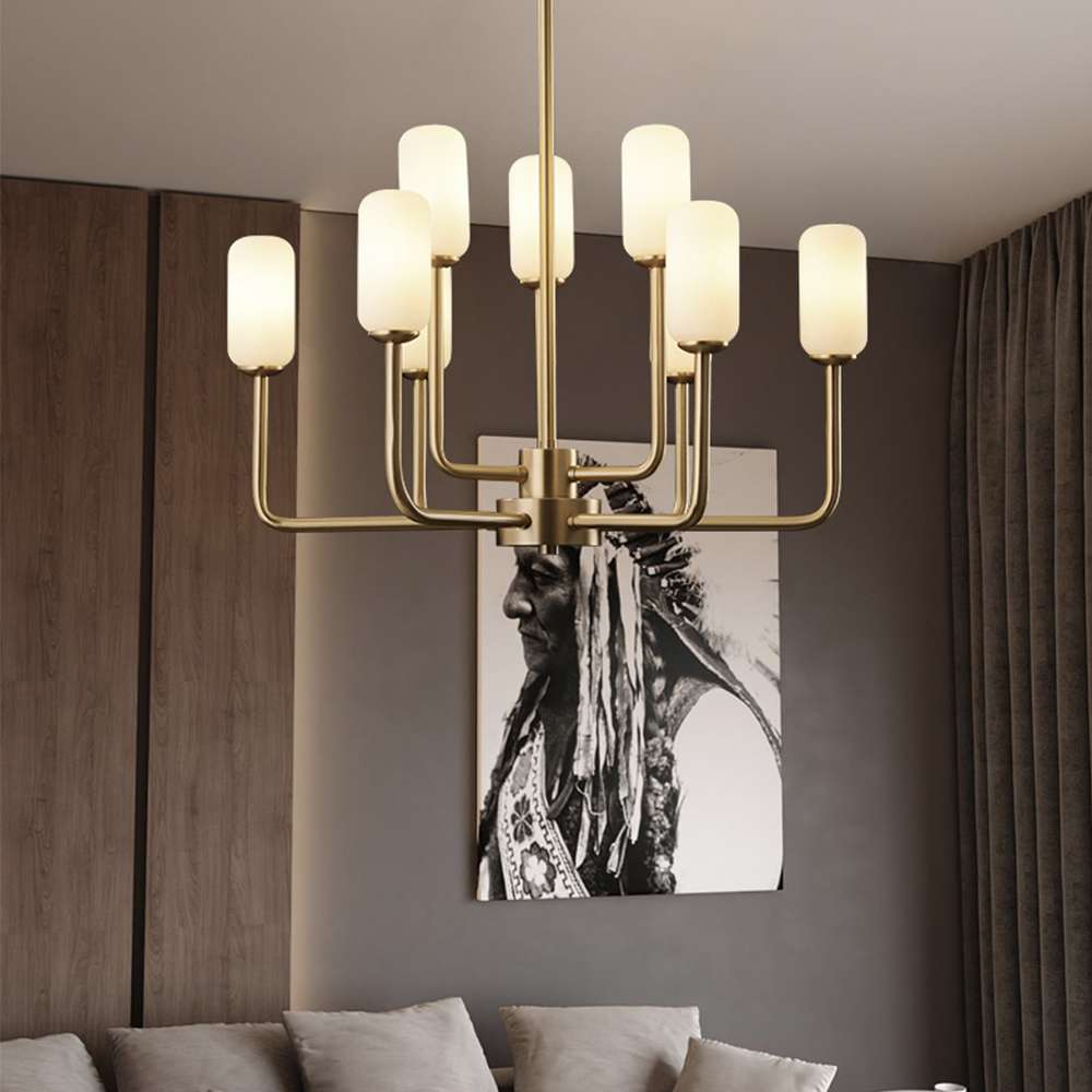 Mid-Century 18 9/10" Dia Brass And Opaline Glass 9-Light Chandelier - view 4