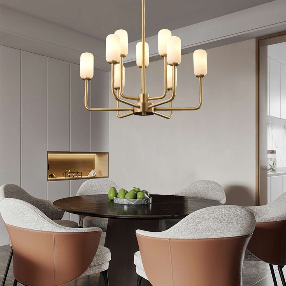 Mid-Century 18 9/10" Dia Brass And Opaline Glass 9-Light Chandelier - view 7