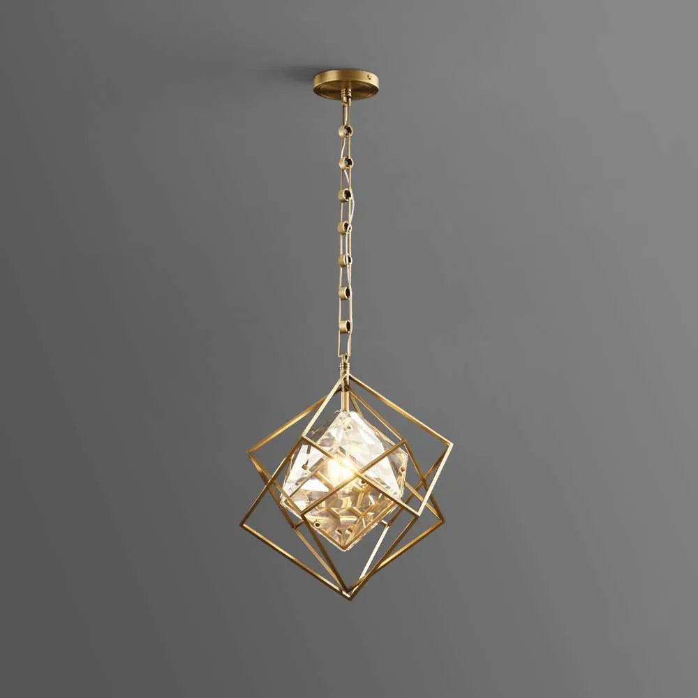 Modern Medium Cubist Brass Frame Crystal Chandelier - view 1